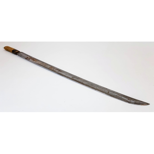 796 - An Antique Heavy Curved Blade Oriental Sword in Leather Covered Wooden and Iron Sheath. Very Sharp B... 