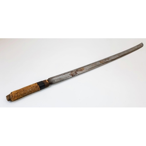 796 - An Antique Heavy Curved Blade Oriental Sword in Leather Covered Wooden and Iron Sheath. Very Sharp B... 