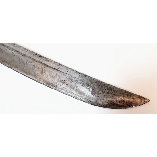 796 - An Antique Heavy Curved Blade Oriental Sword in Leather Covered Wooden and Iron Sheath. Very Sharp B... 