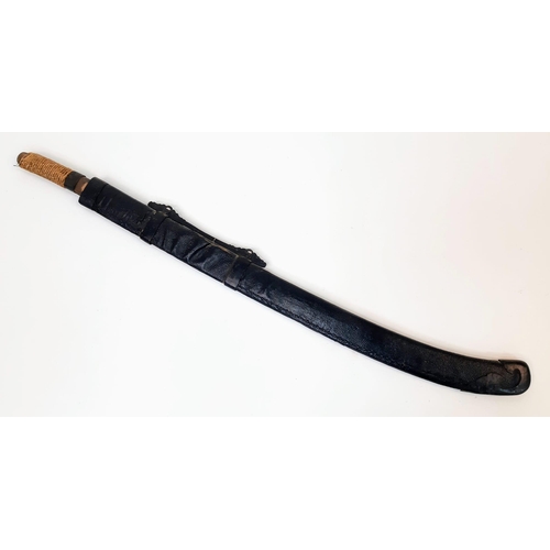 796 - An Antique Heavy Curved Blade Oriental Sword in Leather Covered Wooden and Iron Sheath. Very Sharp B... 