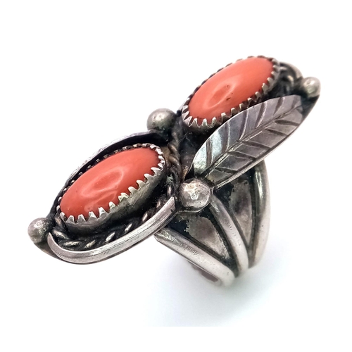 1457 - A Vintage Native American Indian Silver and Red Coral Ring. Size N. 12.73g weight.