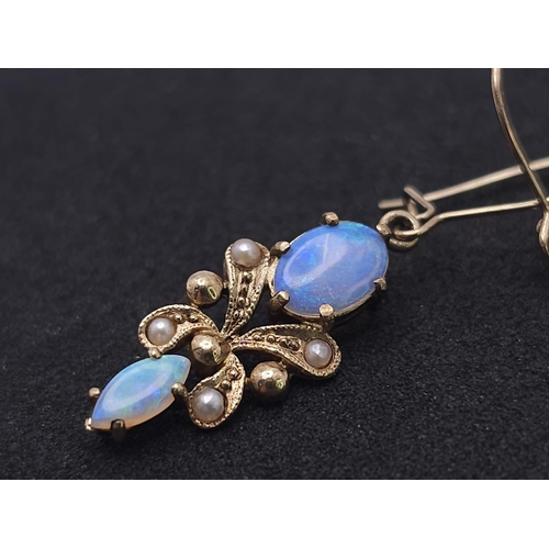 533 - A vintage, 9 K yellow gold pair of drop earrings with opals and seed pearls. height: 24 mm, weight: ... 