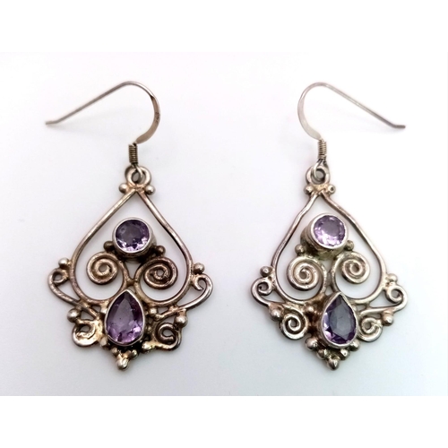 1798 - A Pair of Art Deco Style 925 Silver Amethyst Gemstone Earrings. 3cm. Weight - 7.20g. Comes in a pres... 