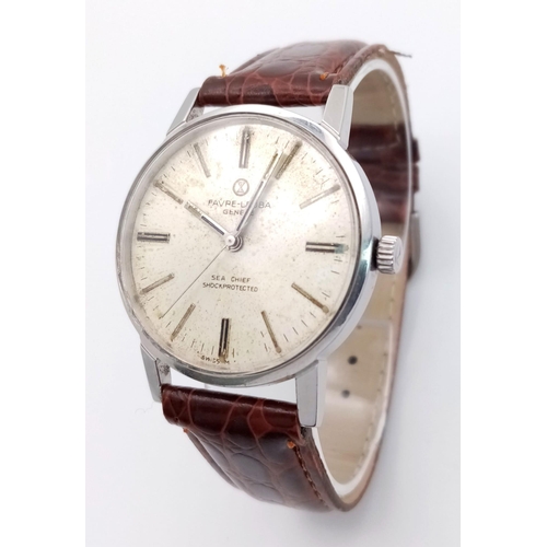 375 - A Vintage Favre-Leuba Sea-Chief Gents Watch. Brown leather strap. Stainless steel case - 35mm. White... 