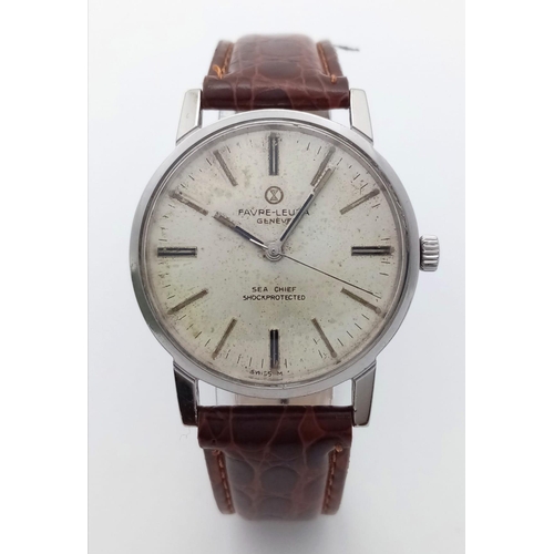 375 - A Vintage Favre-Leuba Sea-Chief Gents Watch. Brown leather strap. Stainless steel case - 35mm. White... 