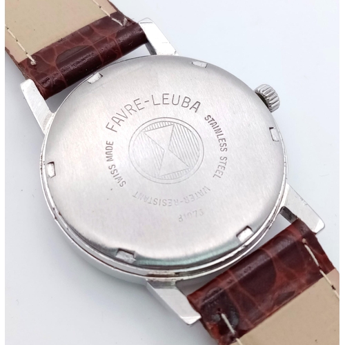 375 - A Vintage Favre-Leuba Sea-Chief Gents Watch. Brown leather strap. Stainless steel case - 35mm. White... 