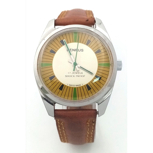 459 - A Vintage Benrus Mechanical Gents Watch. Brown leather strap. Stainless steel case - 36mm. Two tone ... 