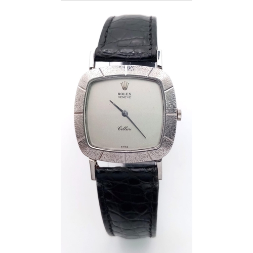 66 - A Vintage Rolex Cellini 18K White Gold Cased Gents Watch. Black leather strap. 18k gold case - 32mm.... 