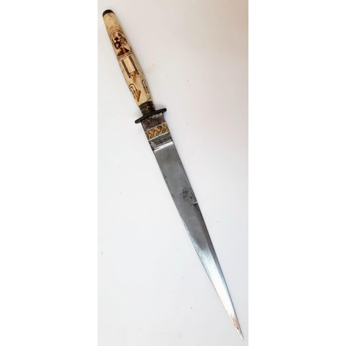 782 - An Antique Unique Art Nouveau Decorated Bone
Handle Stiletto Dagger in Leather Sheath. 29cm Length.