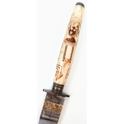 782 - An Antique Unique Art Nouveau Decorated Bone
Handle Stiletto Dagger in Leather Sheath. 29cm Length.