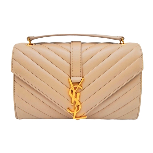 102 - A Saint Laurent envelope shoulder bag, soft beige calfskin with gold hardware and strap, press stud ... 