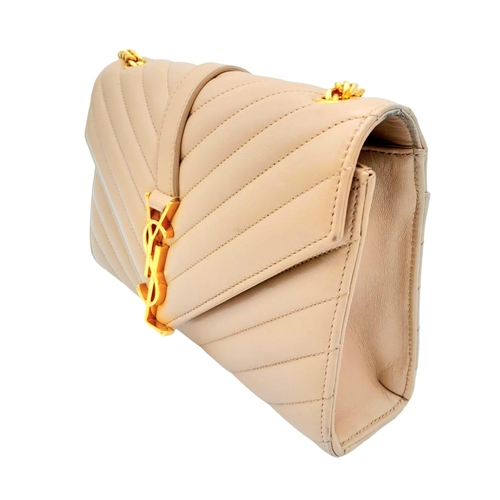 102 - A Saint Laurent envelope shoulder bag, soft beige calfskin with gold hardware and strap, press stud ... 