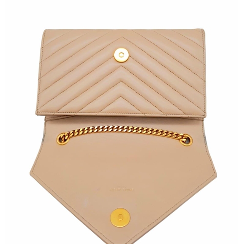 102 - A Saint Laurent envelope shoulder bag, soft beige calfskin with gold hardware and strap, press stud ... 