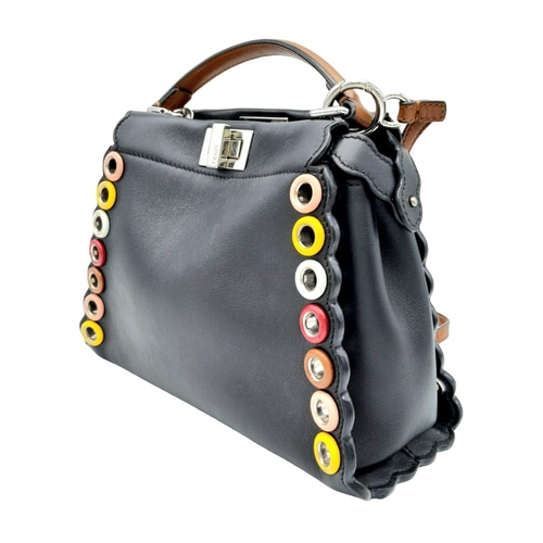 81 - A Fendi Nappa scalloped grommet mini peakaboo satchel bag in black and multicolour. Black leather ex... 