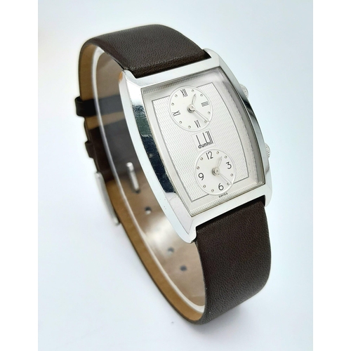 218 - A Vintage Dunhill Quartz Dual Time Watch. Brown leather strap. Stainless steel case - 28mm. Dunhill ... 