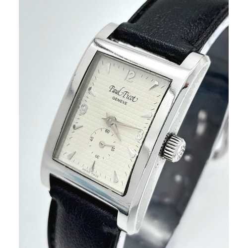 354 - A Vintage Paul Picot Quartz Tank Ladies Watch. Black leather strap. Stainless steel case - 23mm. Whi... 