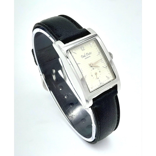 354 - A Vintage Paul Picot Quartz Tank Ladies Watch. Black leather strap. Stainless steel case - 23mm. Whi... 