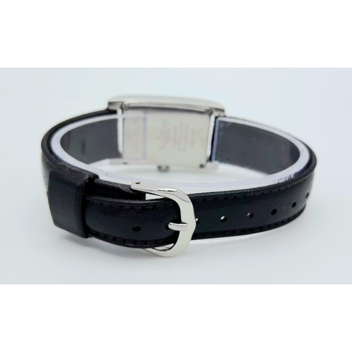 354 - A Vintage Paul Picot Quartz Tank Ladies Watch. Black leather strap. Stainless steel case - 23mm. Whi... 