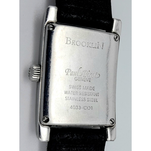 354 - A Vintage Paul Picot Quartz Tank Ladies Watch. Black leather strap. Stainless steel case - 23mm. Whi... 