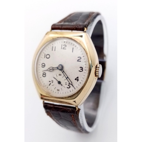 361 - A Vintage 9K Yellow Gold Mechanical Ladies Watch. Brown leather strap. 9K Dennison gold case - 30mm.... 