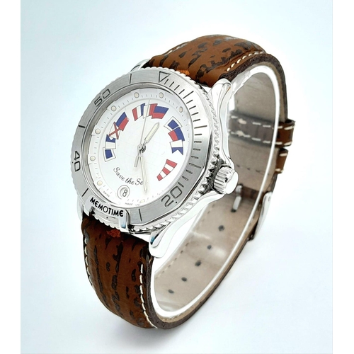 417 - A Corum Memotime - Save the Sea Limited Edition Quartz Unisex Watch. Brown leather strap. Stainless ... 