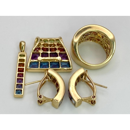 204 - A Fabulous Designer (Browns) 14K Yellow Gold and Multi-Gemstone Jewellery Set. A Ring - size K, thin... 