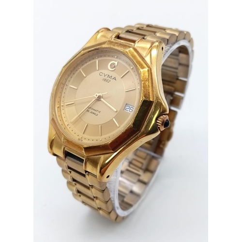 473 - A Vintage Cyma Automatic Gents Watch. Gold plated bracelet and case - 36mm. Two tone gilded dial wit... 