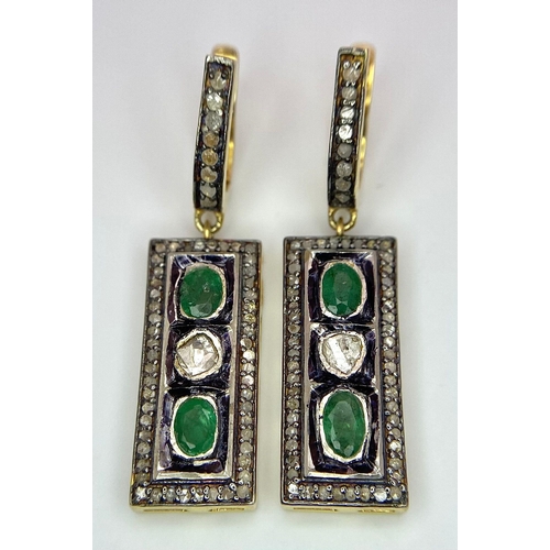 202 - A Pair of Zambian Emerald & Old Cut Diamond Bar Earrings set in Gold Plated 925 Silver. Emerald- 0.6... 