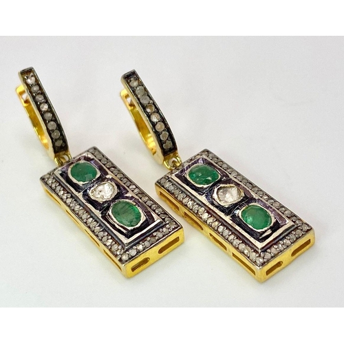 202 - A Pair of Zambian Emerald & Old Cut Diamond Bar Earrings set in Gold Plated 925 Silver. Emerald- 0.6... 