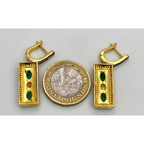 202 - A Pair of Zambian Emerald & Old Cut Diamond Bar Earrings set in Gold Plated 925 Silver. Emerald- 0.6... 