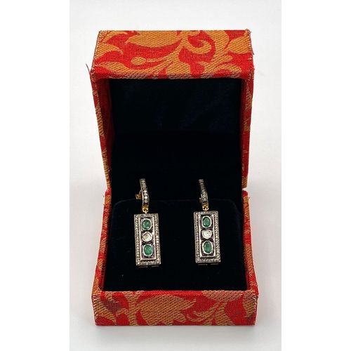 202 - A Pair of Zambian Emerald & Old Cut Diamond Bar Earrings set in Gold Plated 925 Silver. Emerald- 0.6... 