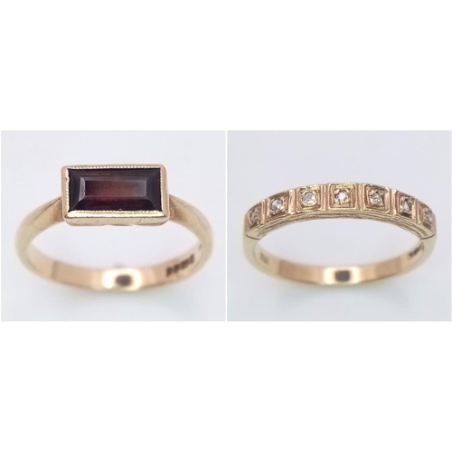 214 - Two Different Style 9K Yellow Gold Rings. Diamond half eternity - size N, 2.1g weight. A rectangular... 