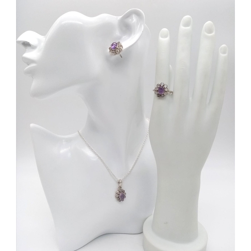 216 - An Amethyst & Moonstone 925 Silver Jewellery set - comprising of a necklace and pendant - 42cm, Earr... 