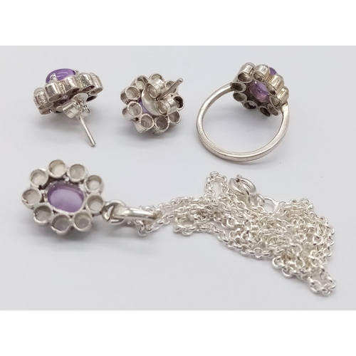 216 - An Amethyst & Moonstone 925 Silver Jewellery set - comprising of a necklace and pendant - 42cm, Earr... 