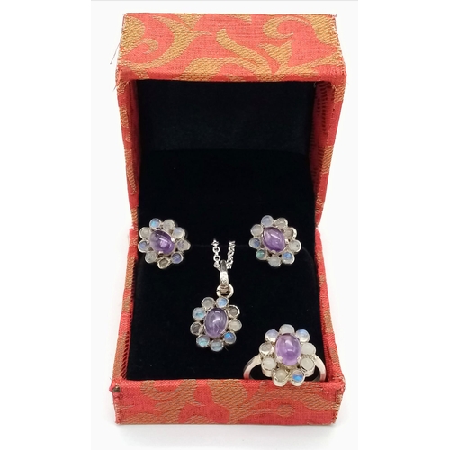 216 - An Amethyst & Moonstone 925 Silver Jewellery set - comprising of a necklace and pendant - 42cm, Earr... 