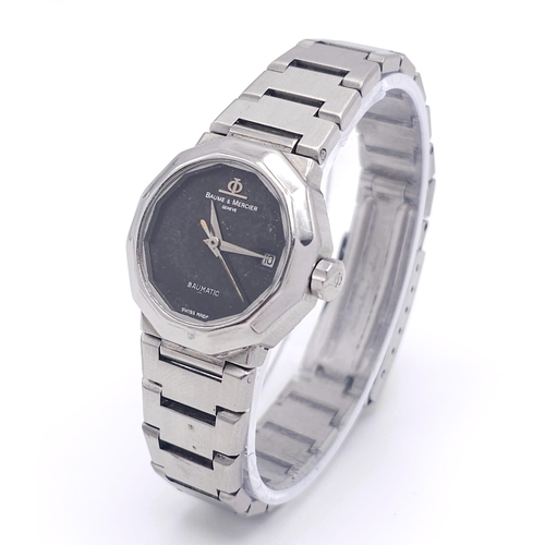 431 - A Vintage Baume and Mercier Automatic Ladies Watch. Stainless steel bracelet and case - 27mm. Black ... 