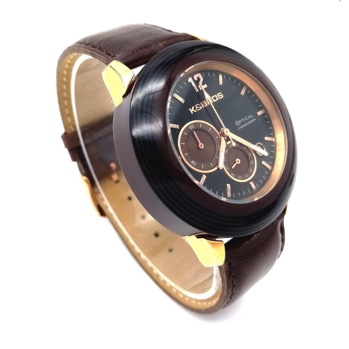 549 - A K & Bros Gents Quartz Chronograph Watch. Brown Leather strap. Ceramic case - 44mm. Black dial with... 