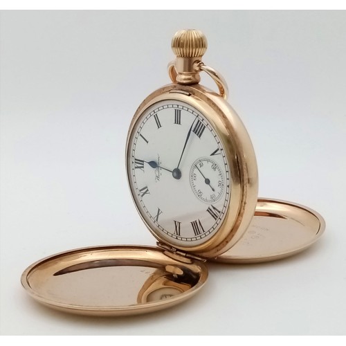 58 - An Antique 10K Gold Cased Waltham Traveler Full Hunter Pocket Watch. Dennison case. Top winder. Whit... 