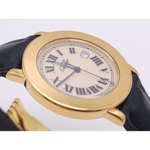 410 - A Must De Cartier Gold Plated Silver Quartz Ladies Watch. Black leather strap. Gold plated silver ca... 