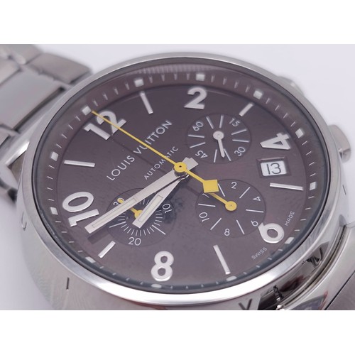 319 - A Louis Vuitton Automatic Gents Chronograph Watch. Stainless steel bracelet and case - 43mm. Dark me... 