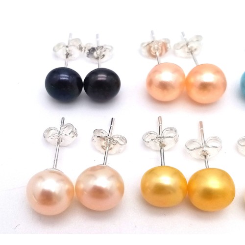 317 - Eight Colourful Pairs of Akoya Freshwater Pearl Stud Earrings. Set in 925 silver.