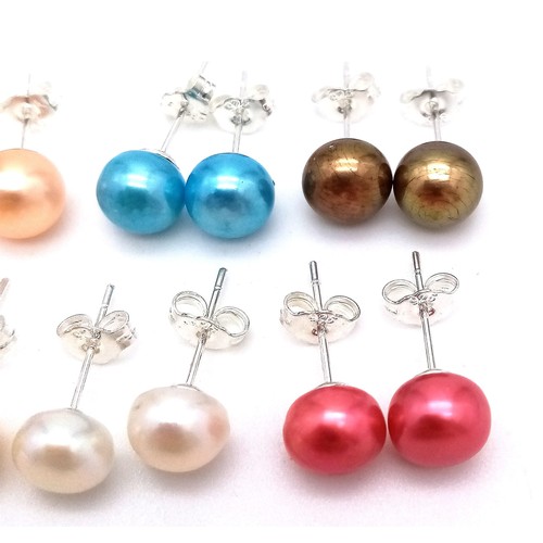 317 - Eight Colourful Pairs of Akoya Freshwater Pearl Stud Earrings. Set in 925 silver.