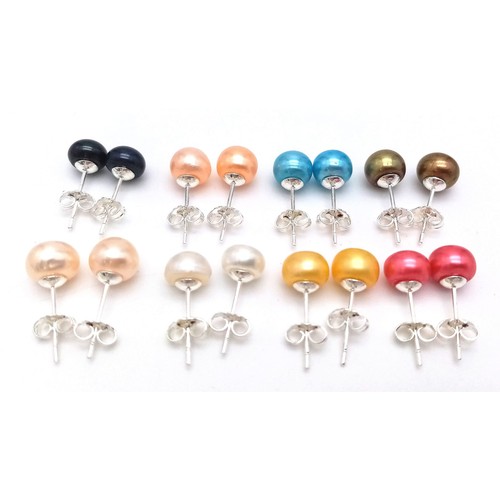 317 - Eight Colourful Pairs of Akoya Freshwater Pearl Stud Earrings. Set in 925 silver.