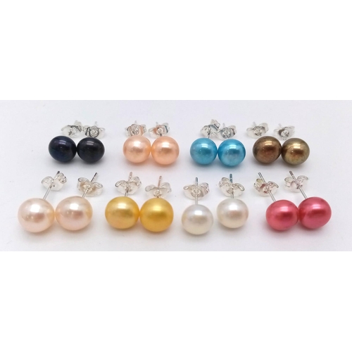 317 - Eight Colourful Pairs of Akoya Freshwater Pearl Stud Earrings. Set in 925 silver.