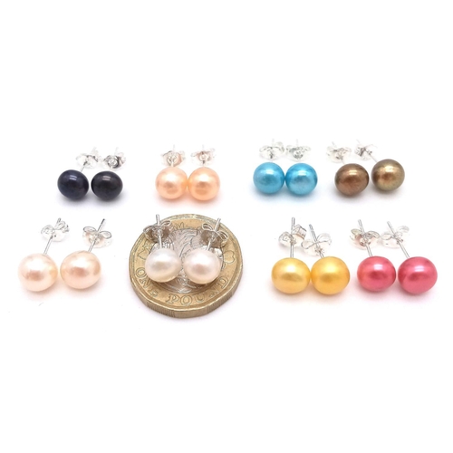 317 - Eight Colourful Pairs of Akoya Freshwater Pearl Stud Earrings. Set in 925 silver.