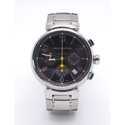 319 - A Louis Vuitton Automatic Gents Chronograph Watch. Stainless steel bracelet and case - 43mm. Dark me... 