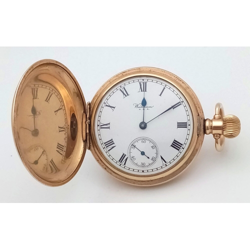 58 - An Antique 10K Gold Cased Waltham Traveler Full Hunter Pocket Watch. Dennison case. Top winder. Whit... 