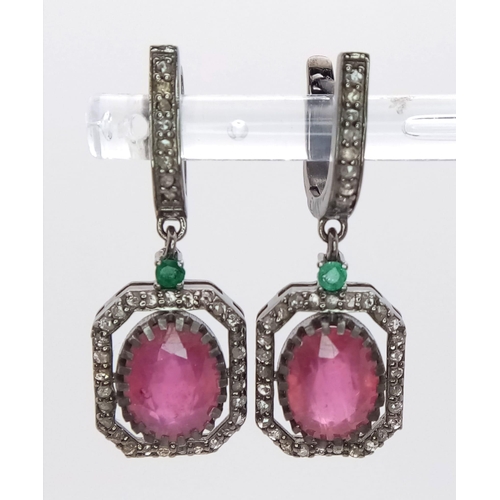 607 - A Pair of Madagascan Ruby and Diamond Earrings with Zambian Emeralds set in 925 Sterling silver. 7.2... 