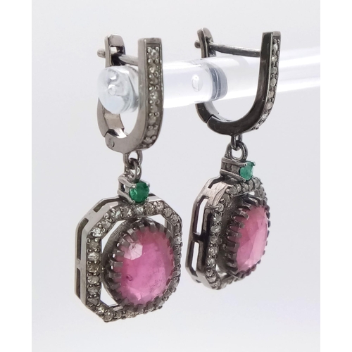 607 - A Pair of Madagascan Ruby and Diamond Earrings with Zambian Emeralds set in 925 Sterling silver. 7.2... 