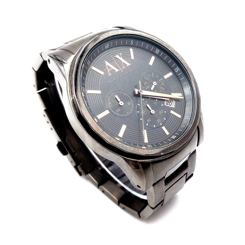 874 - An Armani Exchange Quartz Chronograph Watch. Graphite grey coloured stainless steel bracelet and cas... 